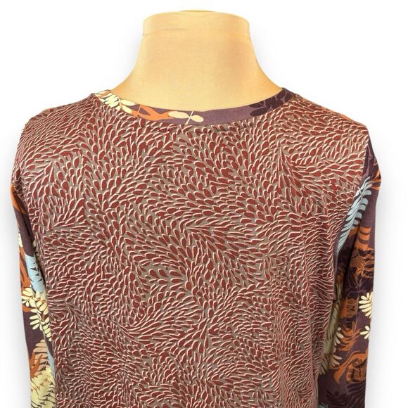 Logo By Lori Goldstein Mixed Print Knit Top Size Large Chiffon Hem Tunic Brown - Picture 8 of 11